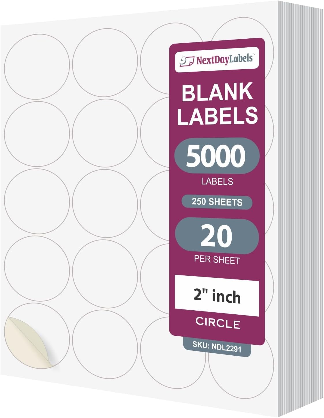 NextDayLabels - 2 Inch Round Stickers - Matte White Blank Laser/Inkjet Labels - Circle Stickers (250 Sheets, 5000 Labels)