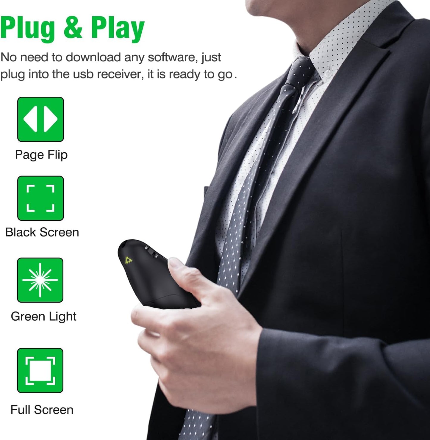 DinoFire Green Presentation Clicker Wireless Presenter Remote, RF 2.4GZ Rechargeable USB Slide Clicker for Powerpoint Presentation Computer Laptop