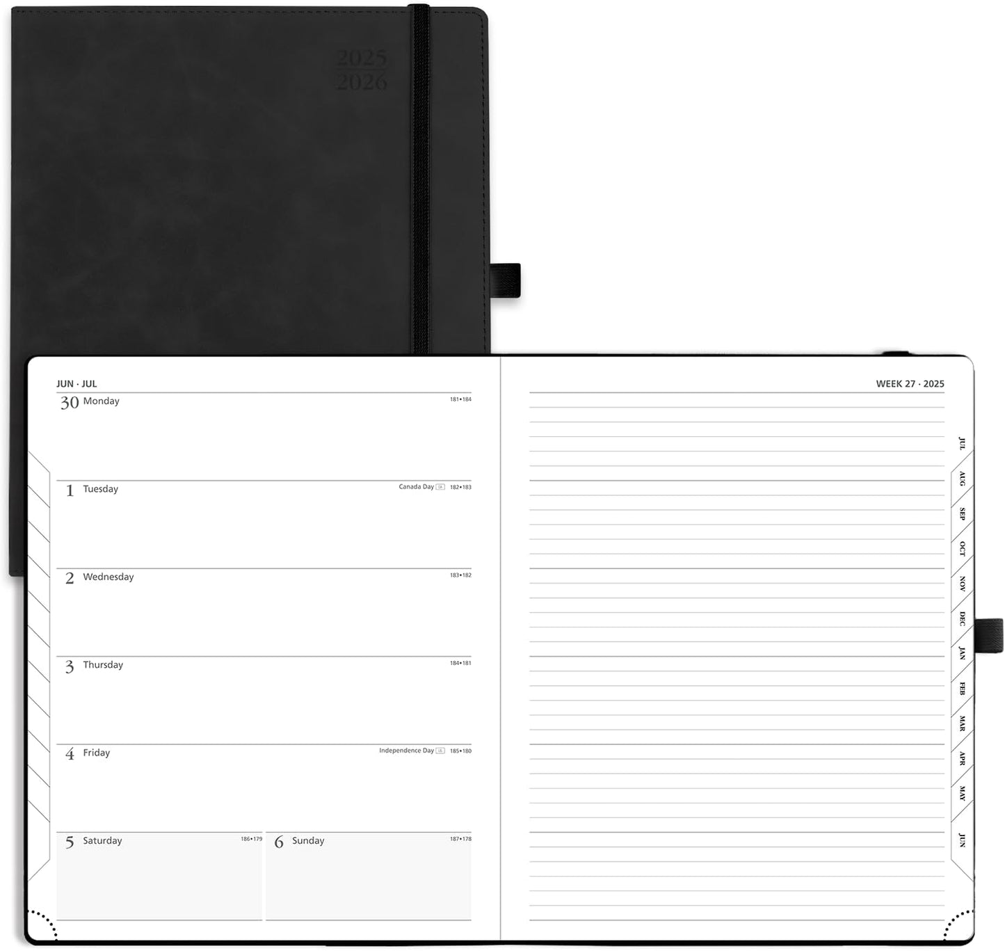 POPRUN Planner 2025-2026 Weekly Notebook (Large 8.5''x 10.5'') Academic Calendar (JUL.25 - JUN.26) Appointment Book with Monthly Tabs, Leather Soft Cover, Inner Pocket, 100 GSM - Black