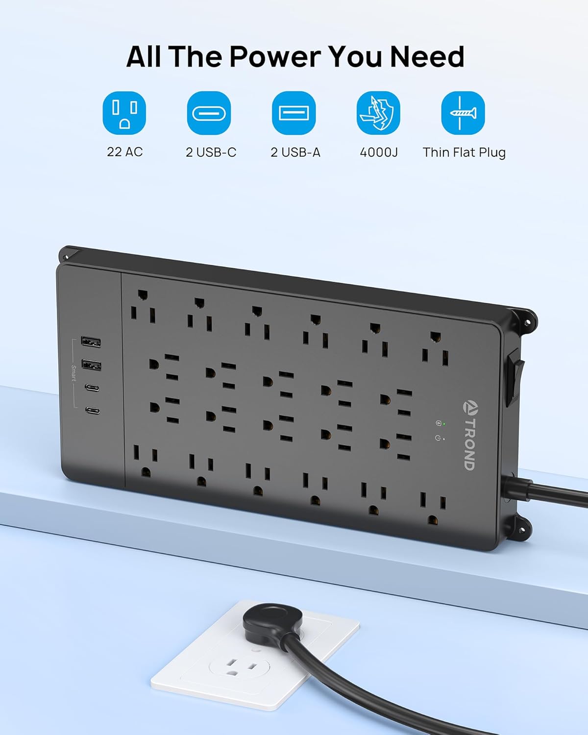 TROND Surge Protector Power Strip, 22 Widely Spaced Outlets with USB Ports, Wall Mount, 4000 Joules, ETL Listed, 15 ft Flat Plug Heavy Duty Extension Cord for Home, Office, Dorm Essential, Black