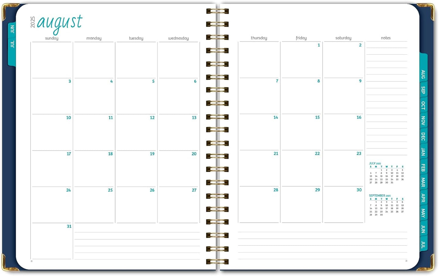 HARDCOVER Academic Year 2025-2026 Planner: (June 2025 Through July 2026) 8.5"x11" Daily Weekly Monthly Planner Yearly Agenda. Bookmark, Pocket Folder and Sticky Note Set (Navy Gold Numbers)