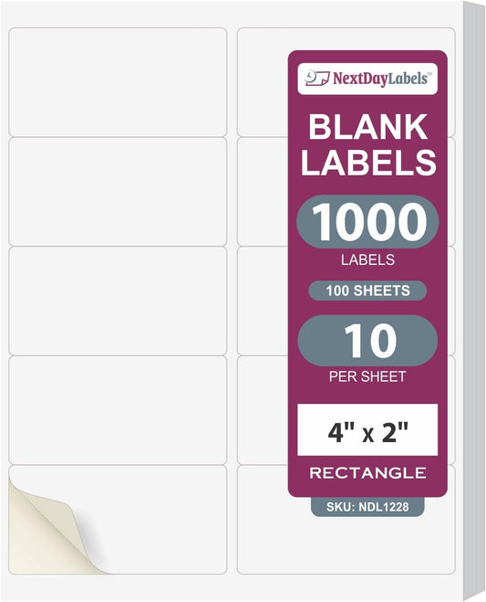 NextDayLabels – 4” x 2” Rectangular Sticker Labels for Printer - White Laser/Inkjet Printer Labels Return Address Labels Shipping Label Stickers (100 Sheets, 10 Per Sheet, 1000 Labels)