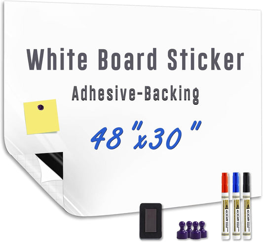 Magnetic Whiteboard Sticker Dry Erase Board for Wall - Adhesive Backing 48" x 30" Whiteboard for Classroom Office Home