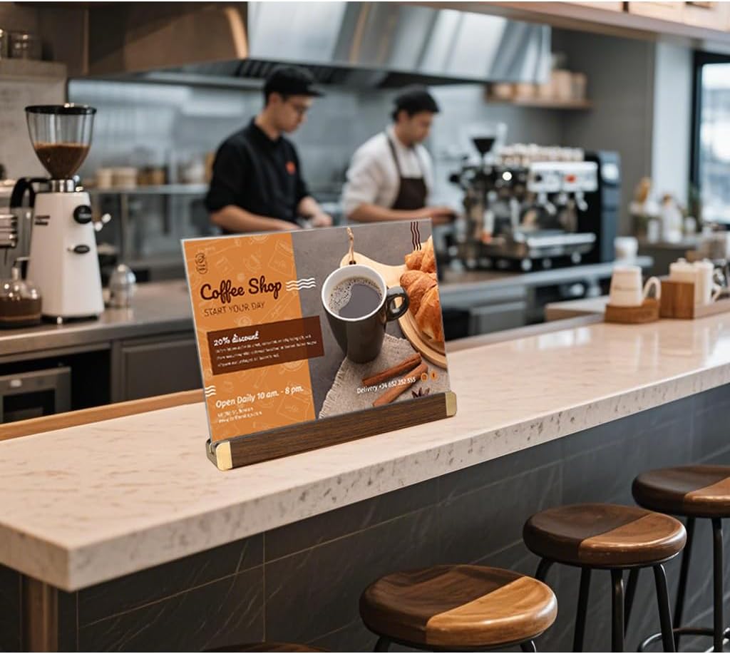 8.5 x 11 Acrylic Sign Holder, Classic Wooden Gold Stand, Double Sided Display Table Top Paper Holder, for Office, Cafe, Store, Menu, Certificate, Document (Horizontal, 6pack)