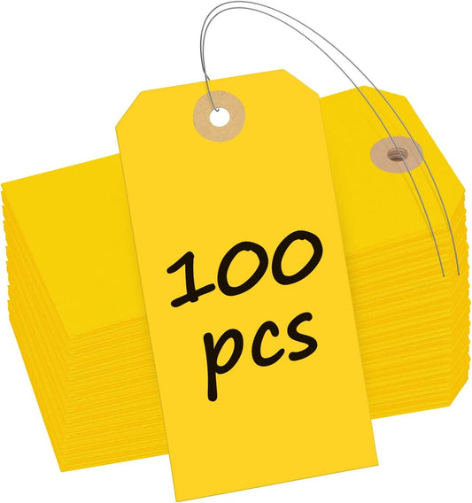 Uniclife 100 Pcs Yellow Blank Shipping Tags with Wire Attached 4.7 Inch Paper Tags Hang Tag with Reinforced Eyelet Large Marking Label Writable Price Tags Inventory Label Tag, 4.7" x 2.36"