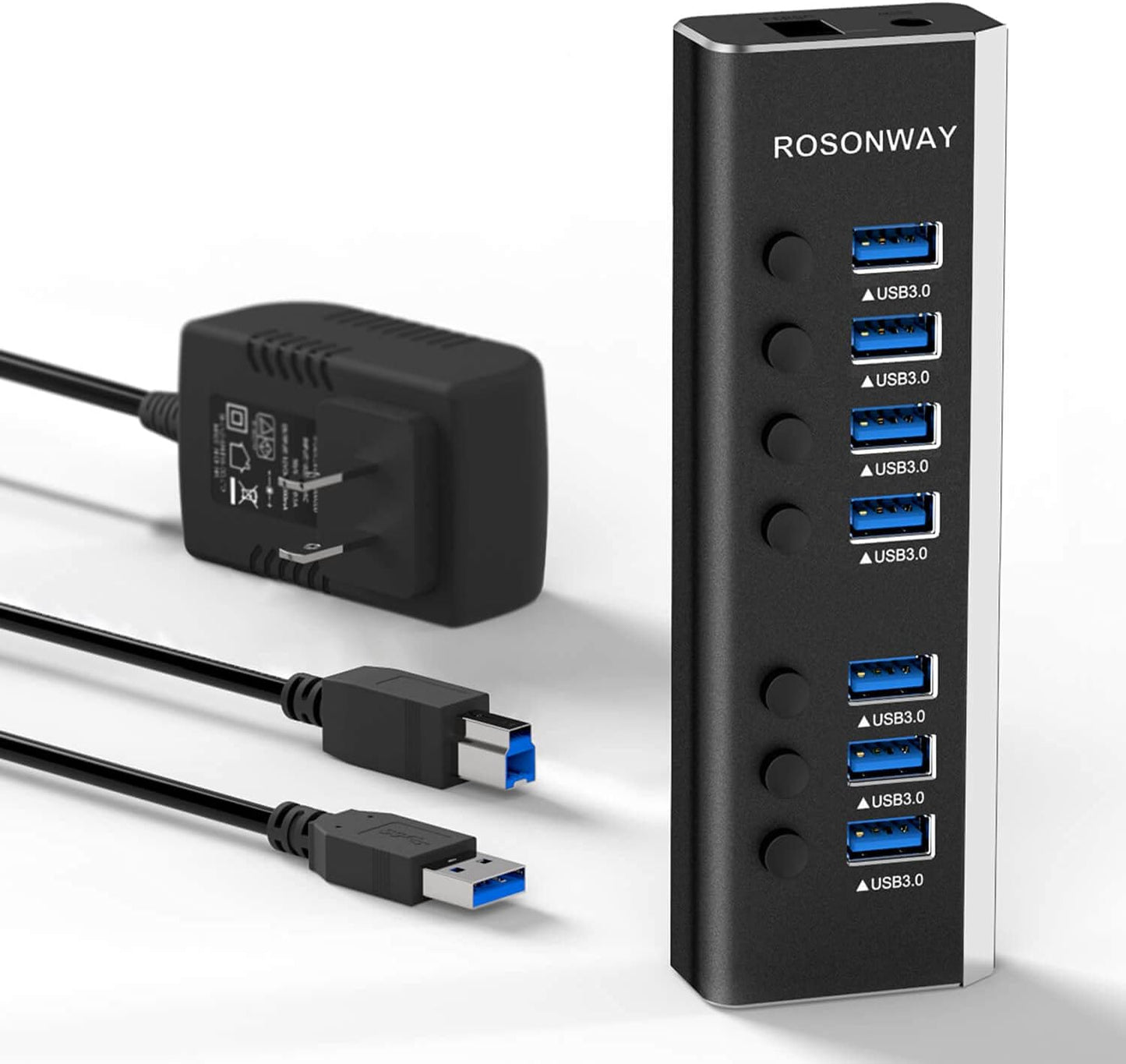 USB Hub 3.0 Powered Rosonway Aluminum 7 Ports USB 3.0 Data Hub Splitter with 24W (12V/2A) Power Adapter and Individual On/Off Switches USB Port Expander for PC and Laptop (RSH-A37S)