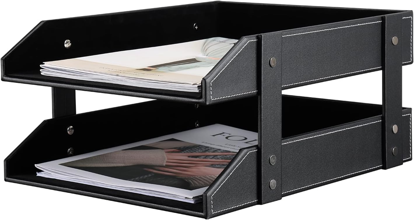 KINGFOM Letter Tray, Leather Paper Organizer Tray, Wooden Desk File Holder, Desktop File, Stackable Magazine Holder, Mail Sorter, Great for Home or Office - 2 Level Black