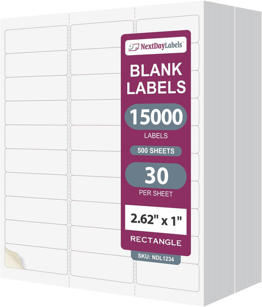 NextDayLabels - 2.5/8" x 1" Rectangular Sticker Labels for Printer - White Laser/Inkjet Printer Labels Return Address Labels Shipping Label Stickers (500 Sheets, 30 Per Sheet, 15000 Labels)
