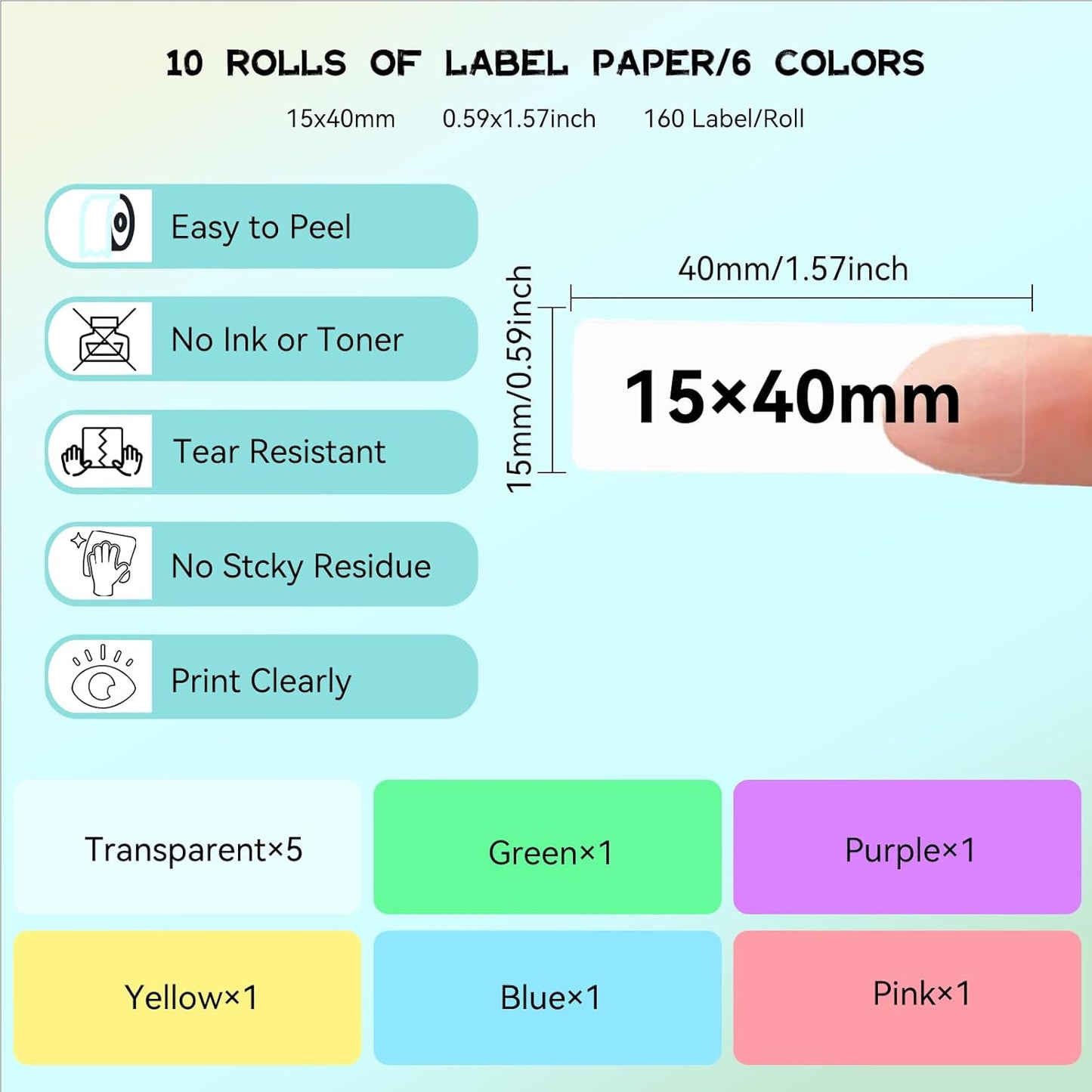 Label Maker Tape Refill 15mm 0.47 Standard Laminated Thermal Label Tape Replacement 0.59"×1.57"(15×40mm), 1650 Labels/10Rolls/Pack, High Definition Labeling Tape for Home Office School Hotel