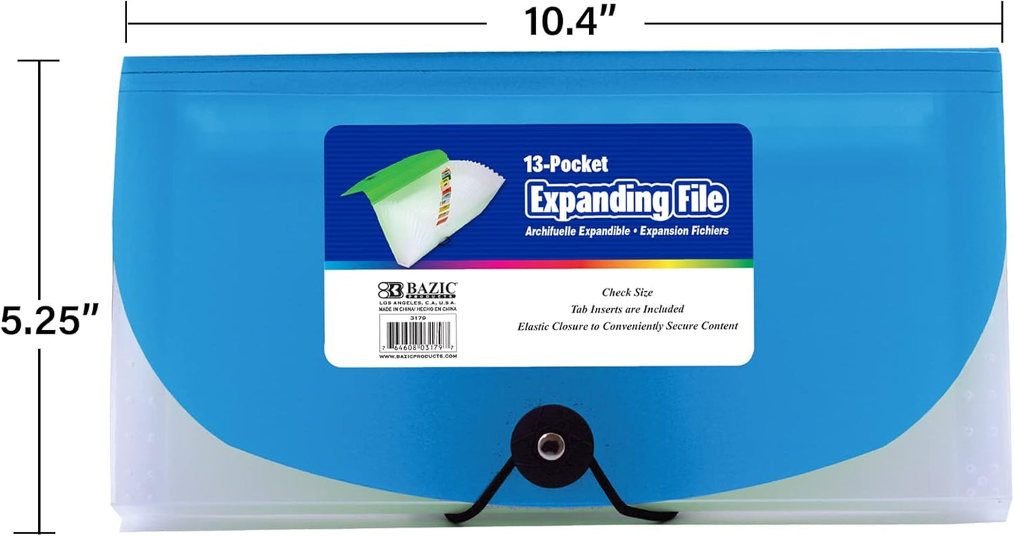BAZIC Expanding File Folder 13 Pockets, Coupon Size Plastic File Folders w/Color Tabs Pocket, Home Office Supplies, Check Bills Receipts Organizer, 4-Pack