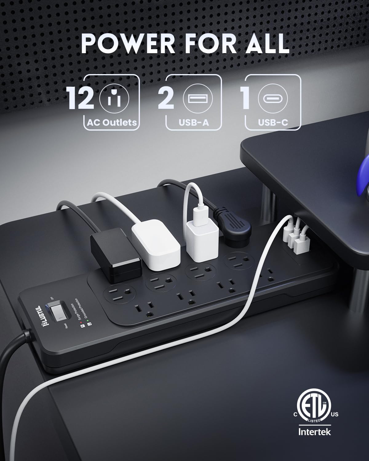 Surge Protector Power Strip 5FT(4080J), Black Surge Protector with 12 Outlets - Spacious Design for Large Plugs, Flat Plug, 20W USB C Charging for Home, Office, ETL Listed