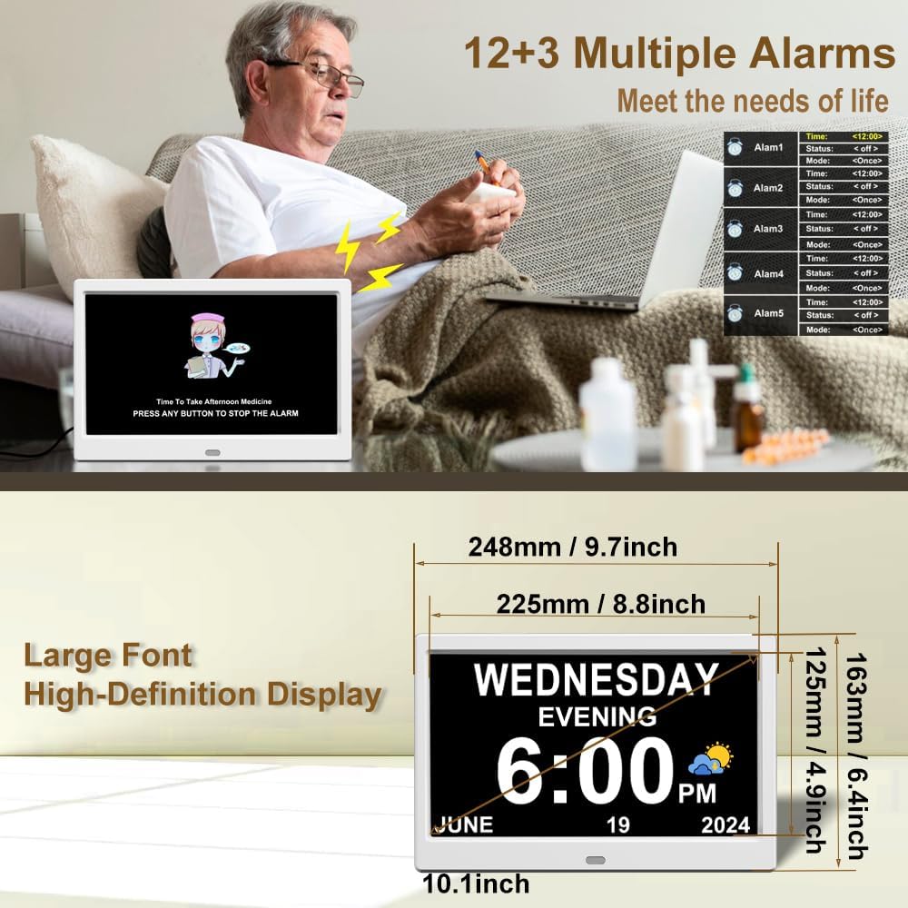 Extra Large Impaired Vision Digital Alarm Clock with Day and Time for Elderly Calendar Clock Auto Dimmable Clock (10.1 Inch White)
