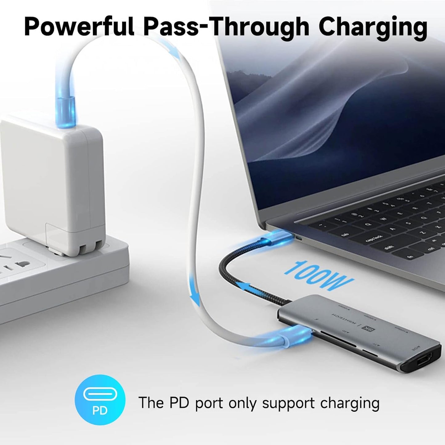 RSHTECH USB C Hub 7-in-1 Multiport Adapter with 8K HDMI, 10Gbps USB-C and 2 USB A Data Ports, 100W Power Delivery, SD/TF Card Reader, Aluminum USB 3.1/3.2 Gen 2 Hub Dongle for PC and Laptop, RSH-T02