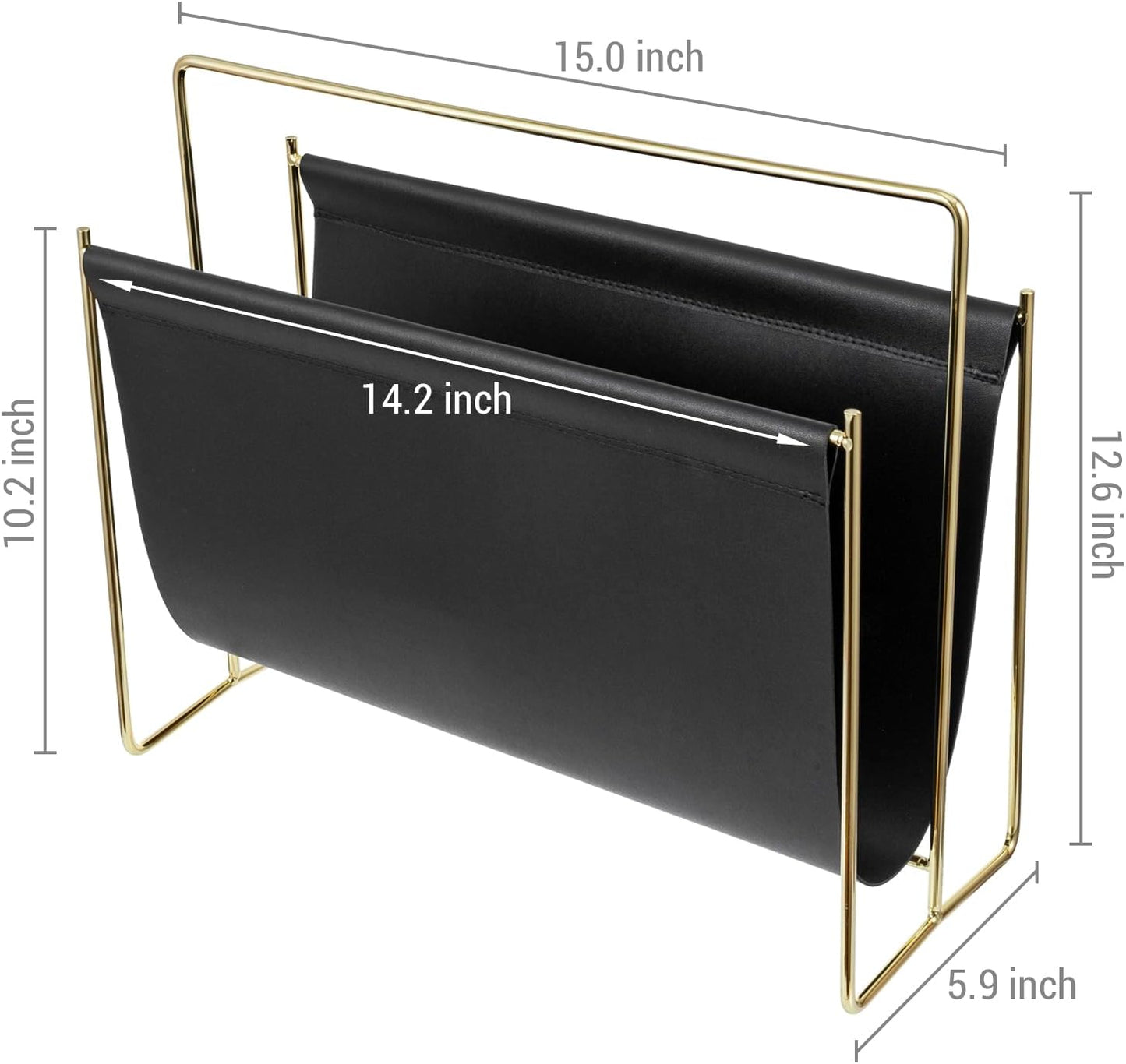 MyGift 15-Inch Modern Black Leatherette & Brass Plated Metal Magazine Holder – Floor Standing Faux Leather Sling Style Newspaper Rack for Home, Bathroom, Office Decor