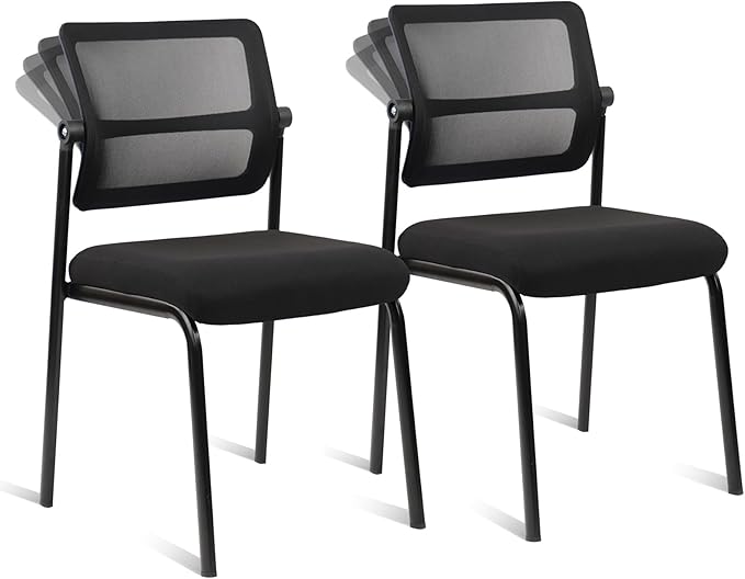 CLATINA Stacking Armless Office Waiting Room Chair with Adjustable Backrest, Stackable Mesh Guest Reception Desk Chairs with Ergonomic Lumbar Support for Conference Lobby Side School, Black, 2 Pack
