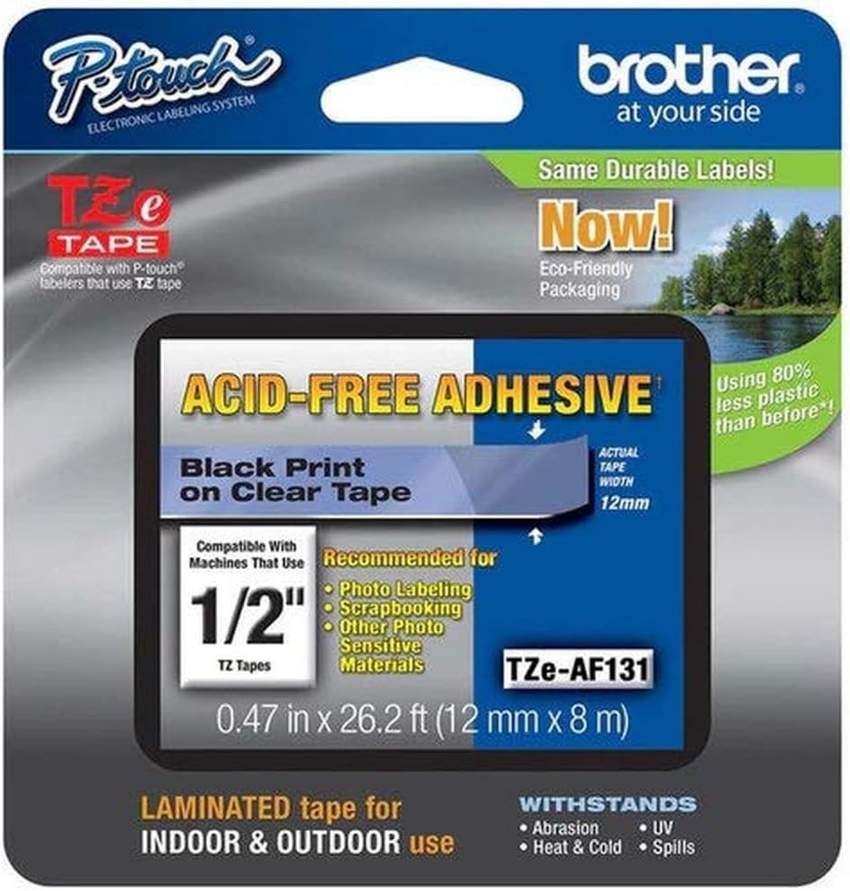 Brother Genuine P-touch TZE-MQG35 Tape, 1/2" (0.47") Wide Standard Laminated Tape, Black on Clear, Laminated for Indoor or Outdoor Use, Water-Resistant, 0.47" x 26.2' (12mm x 5M), TZeAF131