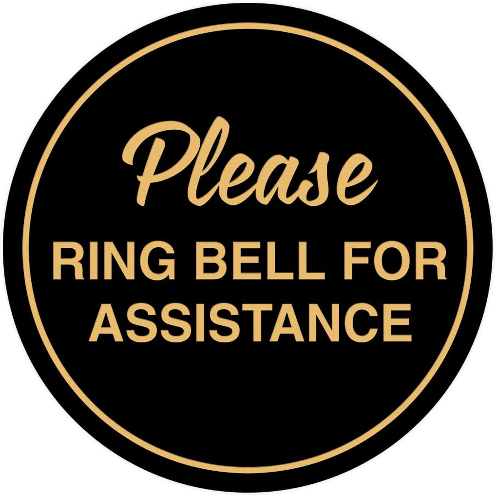 Signs ByLITA Circle Please Ring Bell For Assistance Wall or Door Sign | Easy Installation | Front Desk Reception Sign (Black Gold) - X-large (5 Pack)