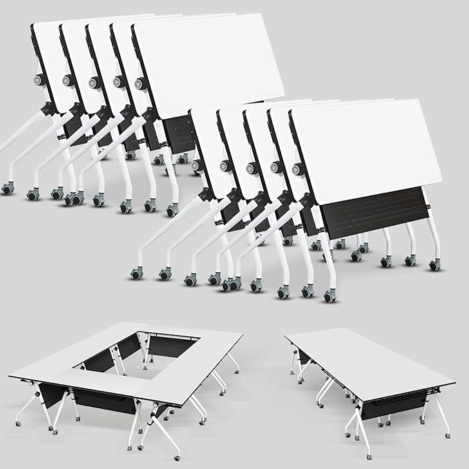 Conference Table, Folding Conference Room Tables, Mobile Training Tables with Silent Wheels, Large Rectangular Modular Seminar Table Office Computer Desks for Classroom White (10Pack L70.9in)