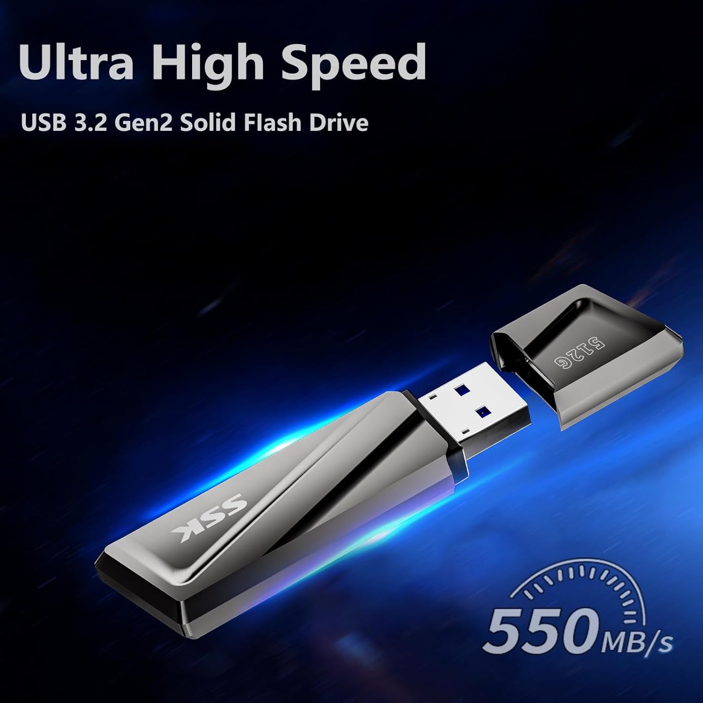 SSK 512GB USB Flash Drive 550MB/s USB 3.2 Gen2 USB Thumb Drive Fast Transfer Speed Externel Solid State Drive +USB C Adapter USB C Memory Stick for Type C Smartphone,MacBook/Pro/Air Laptop and More