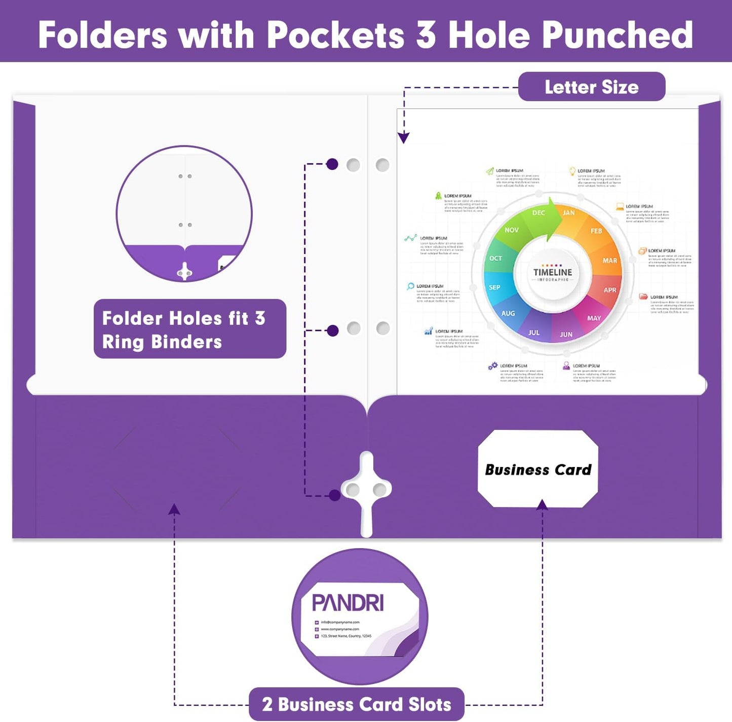 Two Pocket Portfolio Folders, PANDRI 60 Pack 3 Hole Punched 2 Pocket Folders for 3 Ring Binder, Letter Size Paper File Folder for School Office Home Business, Purple