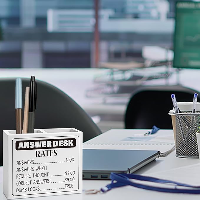 Answer Desk Rates Sign,Hold on Partner Im Overstimulated Sign,Funny Boss Gifts Office Room Decor for Women Men Teams Coworker Friend Wooden Pencil Holder, Boss Day Gifts Desk Decor