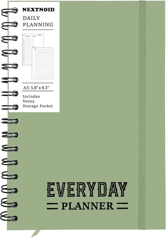Undated Daily Planner Notebook With Hourly Schedule - Hardcover Appointment Day to do List Notebook for Women & Men - A5 Spiral Green