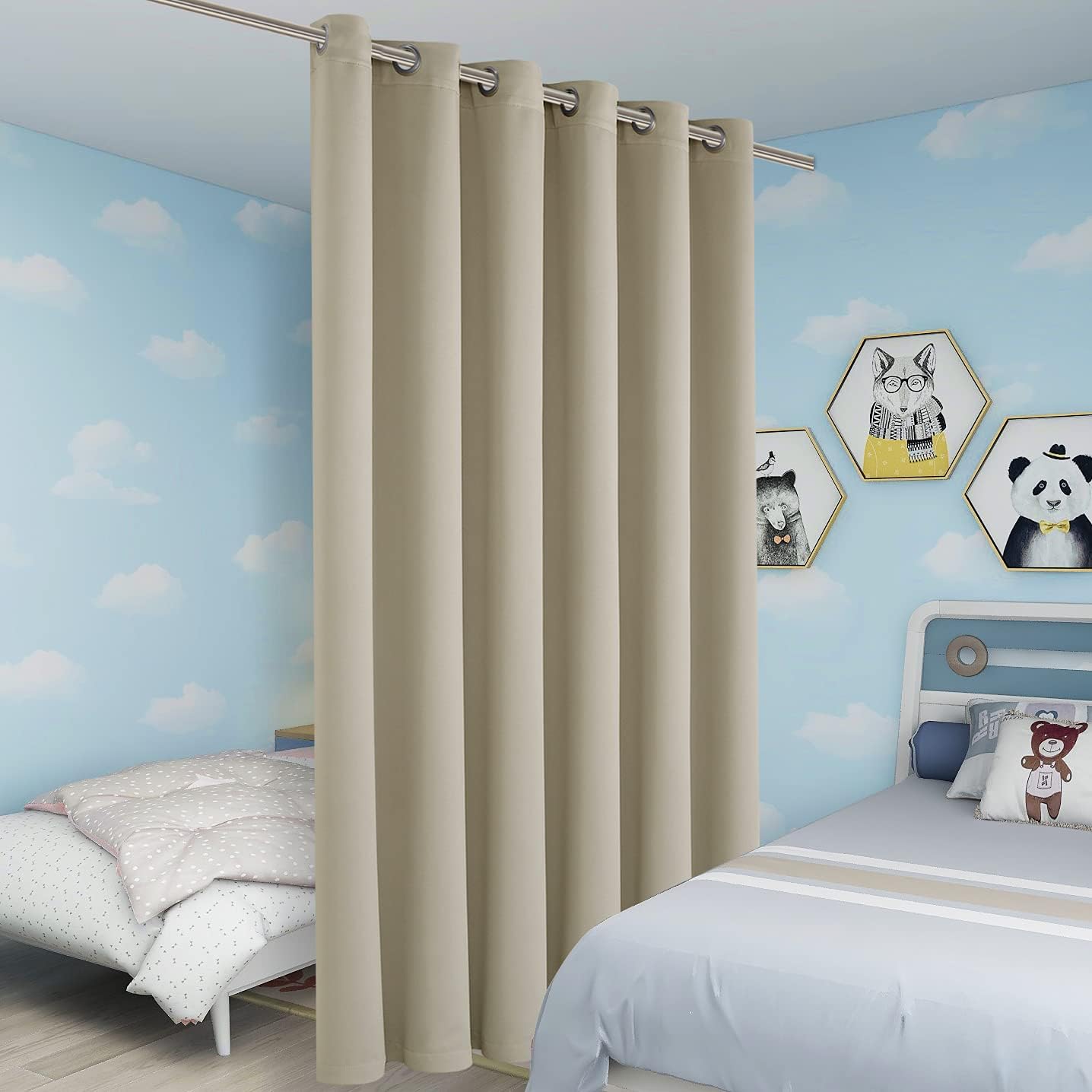 BONZER Room Divider Blackout Curtain Wide Room Darkening Total Privacy Wall Noise Reducing for Bedroom, 108L x 70W Inch (9L x 5.8W ft), 1 Panel, Cream