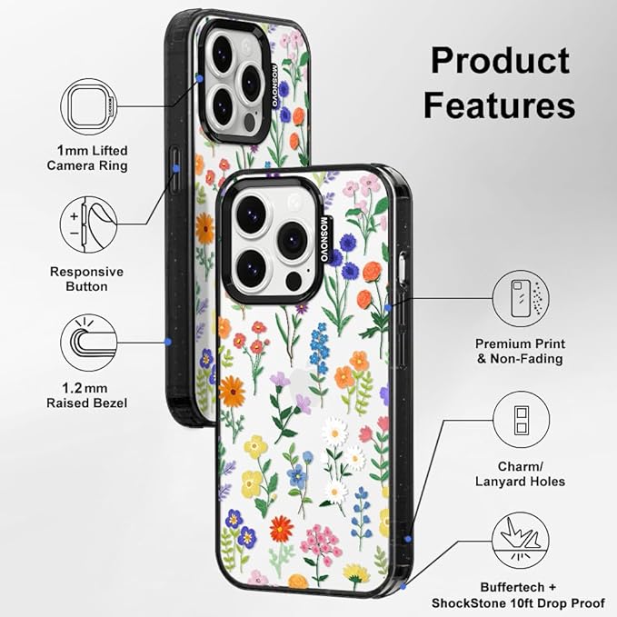 MOSNOVO Case for iPhone 14 Pro, [10ft 4X Military-Grade Drop Protection] Durable & Shockproof Phone Case Cover Design for iPhone 14 Pro - Botanical Floral - Clear Black