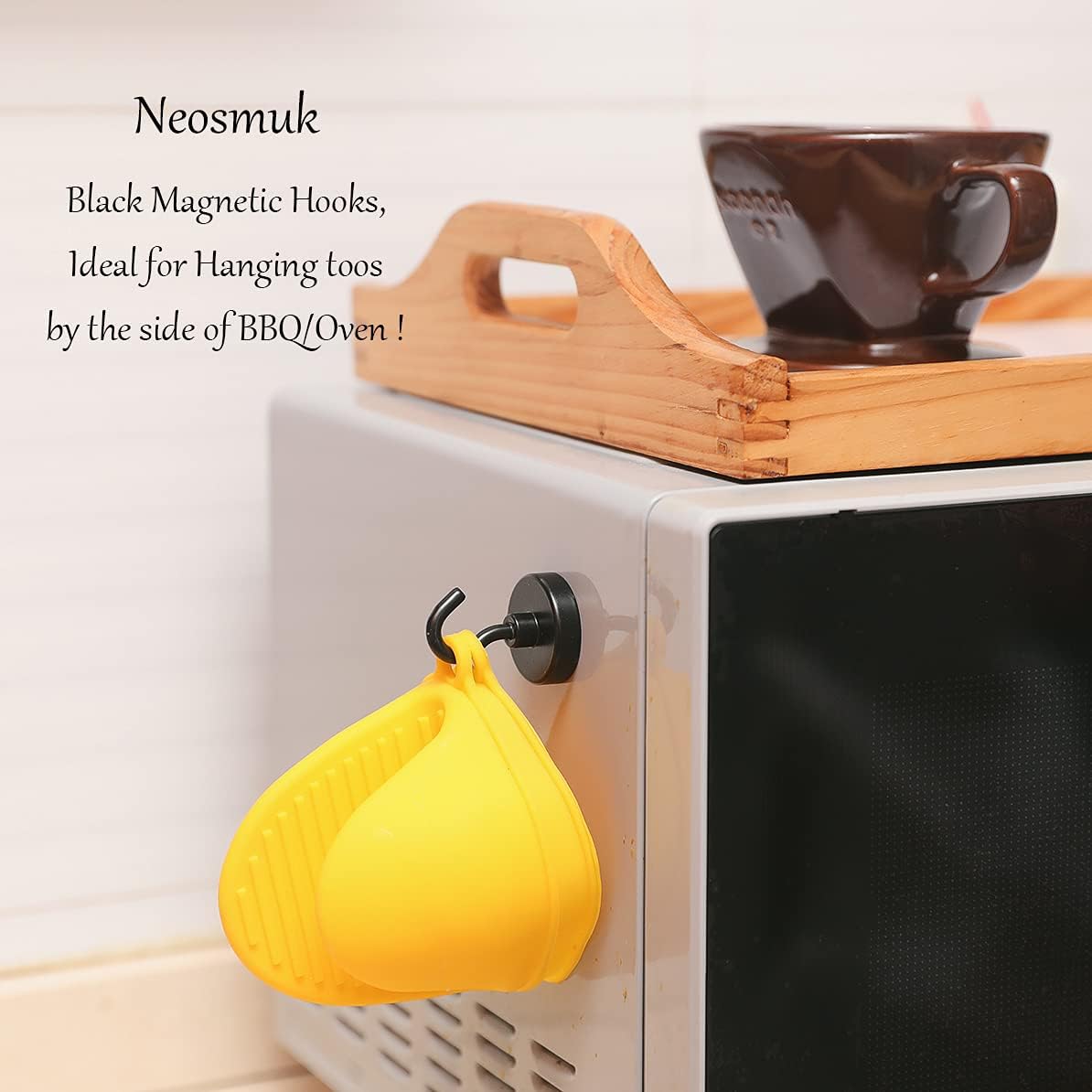 Neosmuk Black Magnetic Hooks, Strong Magnet with Hook for Fridge, Super Neodymium Extra Strength Industrial Hooks for Hanging (Matte Black,4 Pack)