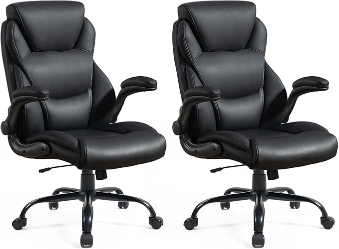 Brage Living 400LBS Big and Tall Office Chair, Leather Executive Desk Chair with Padded Flip-up Arms, Heavy Duty Swivel Rolling Computer Chair for Home Office, Black, Set of 2