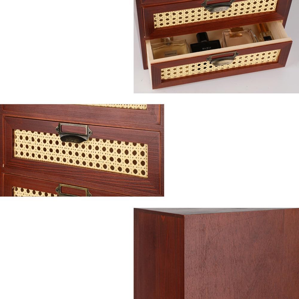 Large Wooden Storage Box Wooden Box with Drawers Apothecary Cabinet Large Desk Organizer with Drawers Rattan Storage Cabinet (LARGE BROWN)