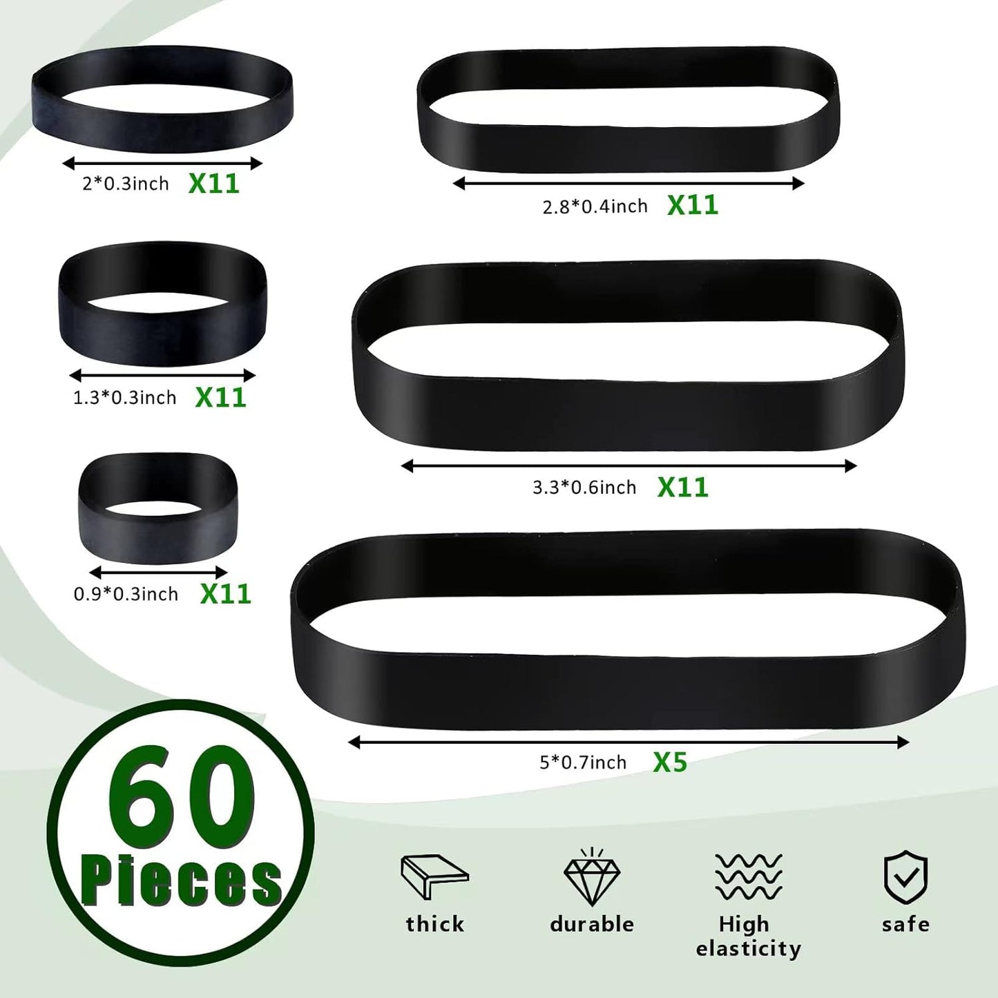 60 Mixed Count Heavy Duty Rubber Bands 6 Size Black Thick Wide Rubber Bands Assorted Size for Hiking Camping Survival Sports Supplies (Black)