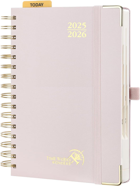 POPRUN Academic Daily Planner 2025-2026 One Page A Day - [5.75" x 8.5"- Spiral Hard Cover], Appointment Book (July 2025 - June 2026) with Monthly Calendar - Light Pink