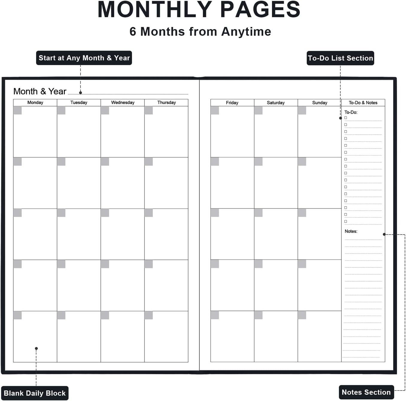 Daily & Monthly Planner for 2025 2026 or Anytime - ADHD Planner Two Pages Per Day, Daily Planner Undated to Increase Focus, Eliminate Overwhelm, Achieve Your Biggest Goals, 5.8'' × 8.3'', Black