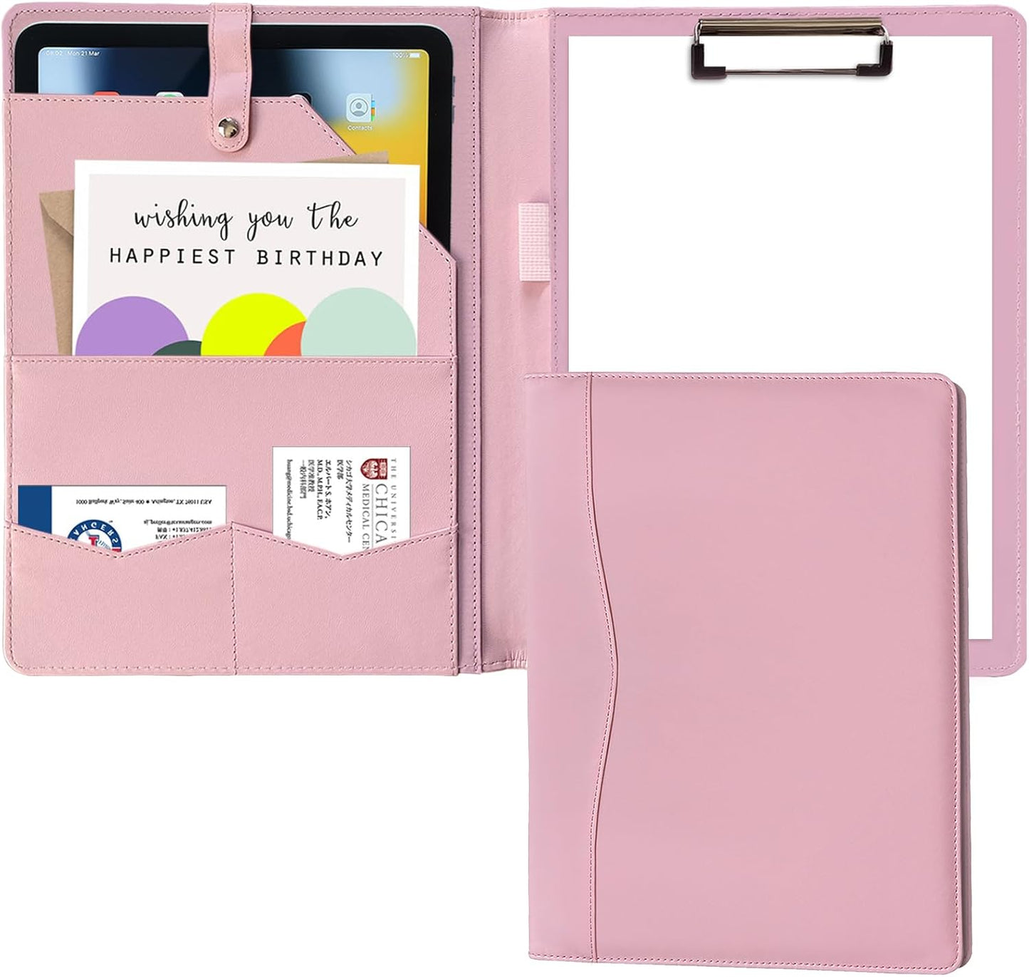Portfolio Folder Padfolio with A4 Clipboard, PU Leather Portfolio Clipboard Business Binder Writing Clip Board Organizer for Legal Documents Business Card Men Women Pink