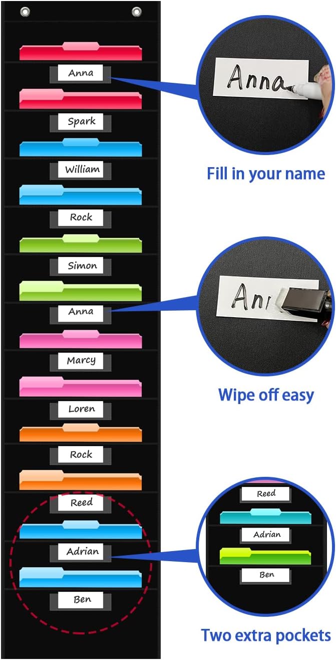 REGELETO 12 Pockets Storage Pocket Chart with 12 Nametag Pockets,Hanging Wall File Organizer for Classroom and Office, Organize Your Assignments, Files, Scrapbooks, Paper (Black)