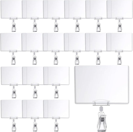 Epakh 20 Pieces Sign Clips Rotating Price Tag Clip Swivel Sign Holder for Handrails or Tubes with 20 Pieces Hard Card Sleeves PVC Card Protector for Shelves Store Supermarket(Sector Style)