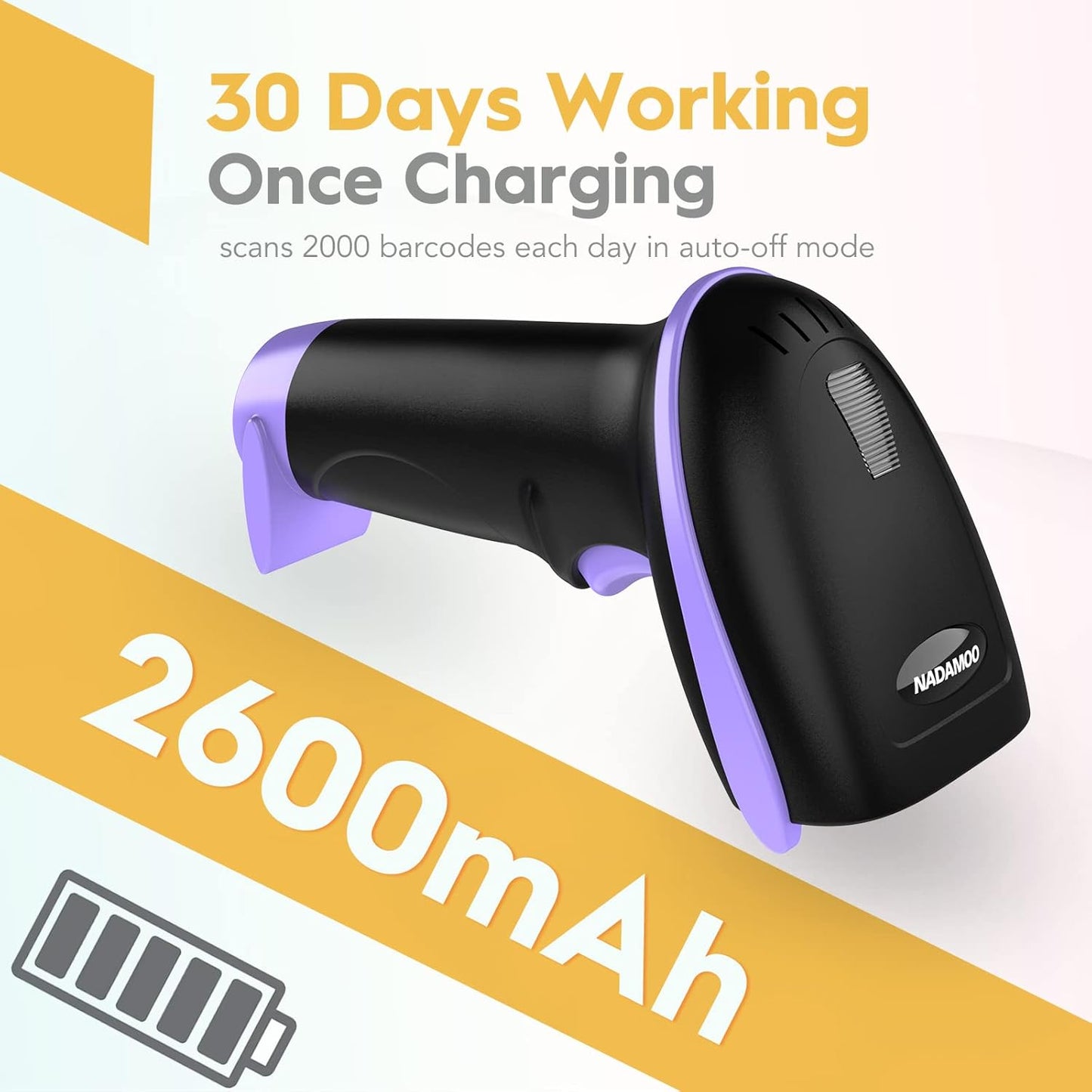 NADAMOO Wireless Barcode Scanner 328 Feet Transmission Distance USB Cordless 1D Laser Automatic Barcode Reader Handhold Bar Code Scanner with USB Receiver for Store, Supermarket, Warehouse - Violet