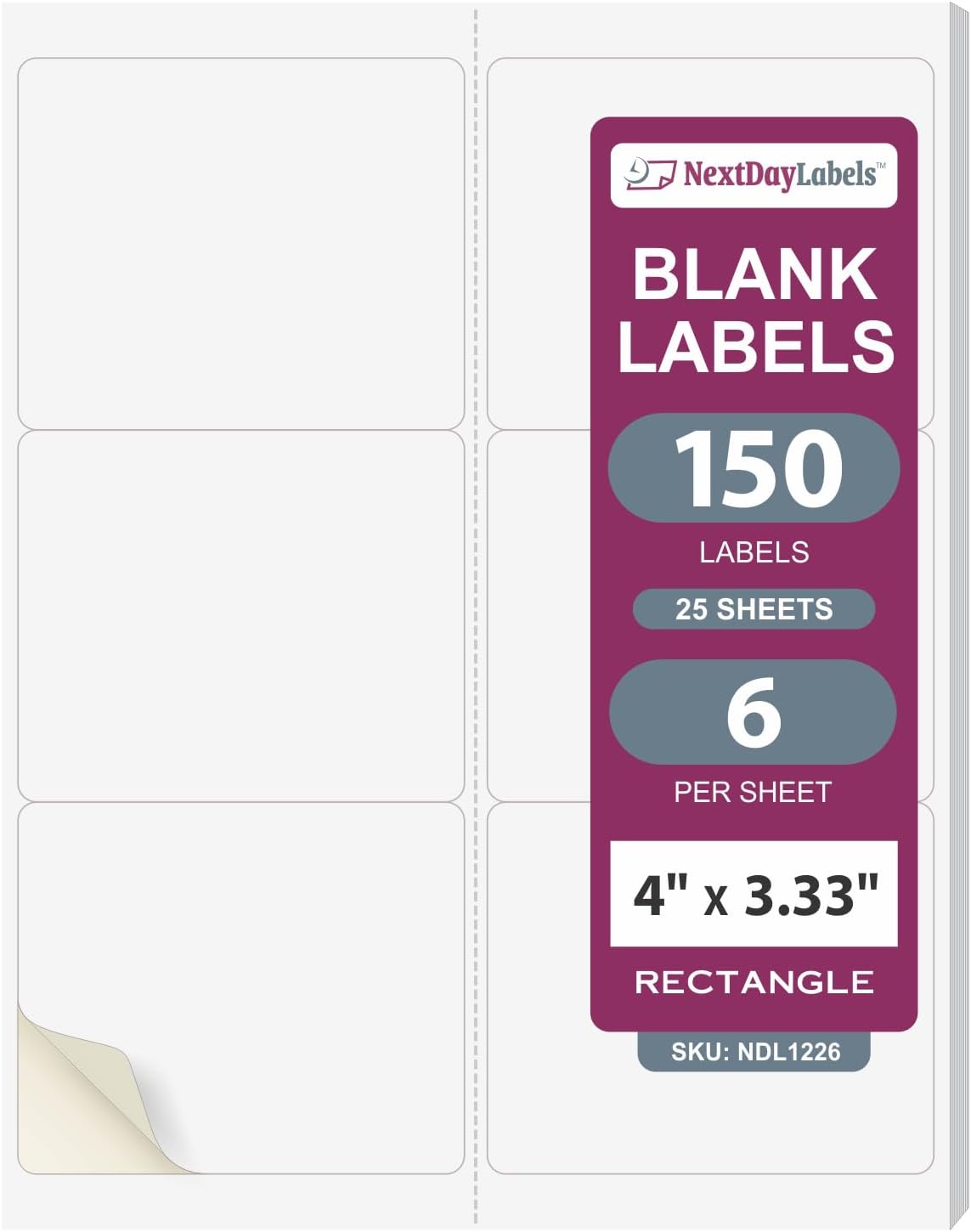 NextDayLabels – 4" x 3-1/3" Rectangular Sticker Labels for Printer - White Laser/Inkjet Printer Labels Return Address Labels Shipping Label Stickers (25 Sheets, 6 Per Sheet, 150 Labels)
