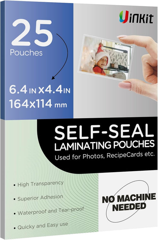 Uinkit 25 Pack 4x6 Inch Self Sealing Laminating Pouches, Waterproof Lamination Pouches, Permanent Adhesive 10mil Thickness No Need Machine (4.5x6.5Inchesx25Pack)