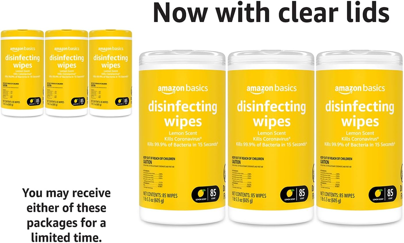 Amazon Basics Wipes, Lemon Scent, for Sanitizing, Cleaning & Deodorizing, 255 Count (3 Packs of 85)