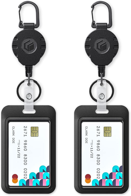 Uniclife 2 Pack Sliding Badge Holder Vertical Plastic Case with Retractable Keychain Badge Reel for up to 8 oz Hard Card Protector for ID Credit Cards Proximity Key Cards Driver’s Licenses and Passes