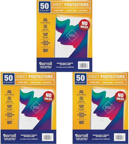 Samsill No Holes Sheet Protectors, 150 Pack, 8.5 x 11 Inch Page Protectors for 3 Ring Binder, Heavy Duty, No Hole Protector Letter Size, Top Loading, Acid Free