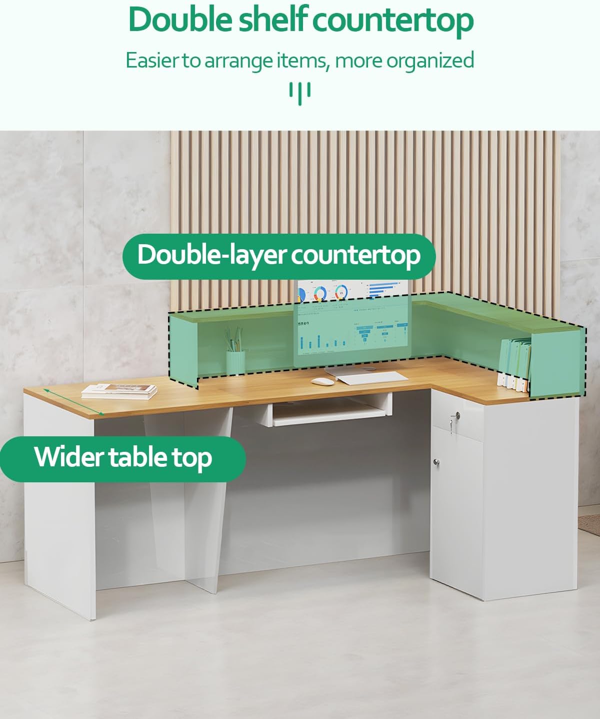 L Shaped Reception Desk, Solid Wood Front Desk with Counter & Lockable Drawers, Retail Checkout Customer 2 Person Secretary Desks for Home Office Lobby Store (70in,Right)