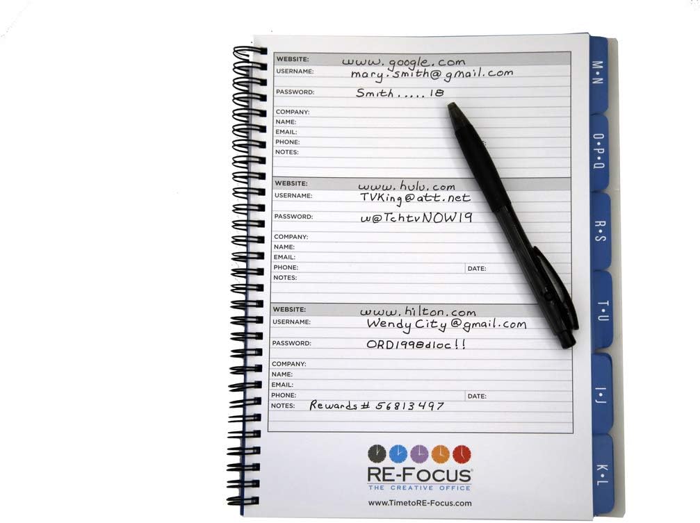 Password Book Keeper, Pink, Alphabetical Tabs, Spiral Bound, Removable Sheets, Journal Organizer Includes Website, Address, Username, Password - 10" x 7.5" by Re-Focus The Creative Office