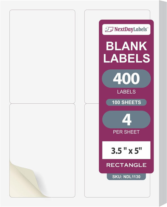 NextDayLabels – 3.5" x 5" Rectangular Sticker Labels for Printer - White Laser/Inkjet Printer Labels Return Address Labels Shipping Label Stickers (250 Sheets, 4 Per Sheet, 1000 Labels)
