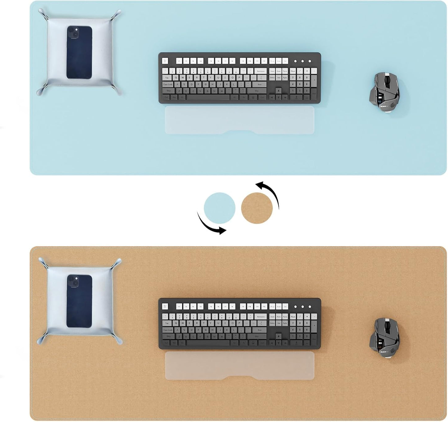 DAWNTREES Dual Sided Desk Mat,Leather Desk Pad,Cork Desk Mat Protector,with PU Leather Valet Tray Organizer,Large Mouse Pad,Desk Writing Pad for Office and Home(Light Blue 31.5"x15.8")