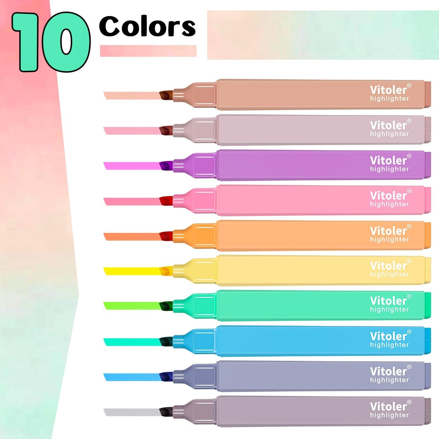 Vitoler 10Pcs Aesthetic Highlighters, Chisel Tip Marker Pens,Assorted Color Candy Highlighters,No Bleed Bible Highlighter,Cute Pastel Highlighter for Journaling Planner Notes School Supplies