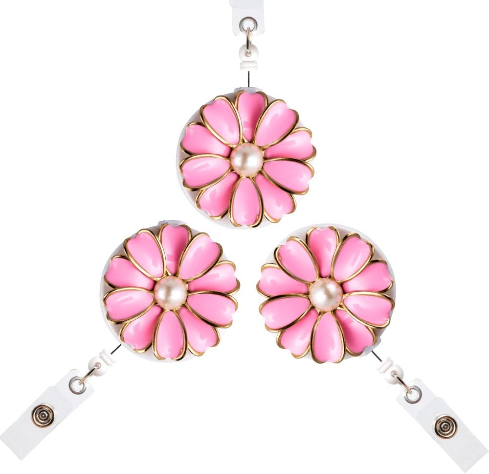 Retractable Badge Holder, ID Badge Reel with Pearl, 3 Pack (Pink)