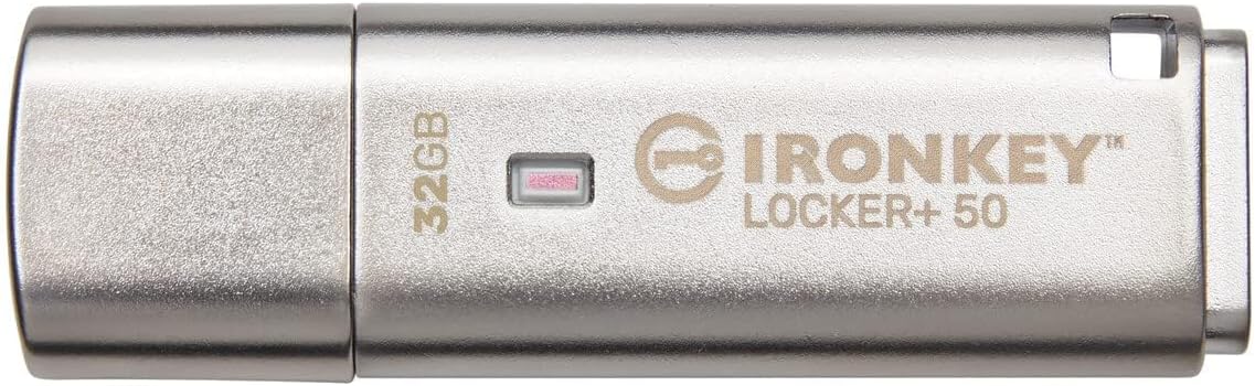 Kingston Ironkey Locker+ 50 32GB Encrypted USB Flash Drive | USB 3.2 Gen 1 | XTS-AES Protection | Multi-Password Security Options | Automatic Cloud Backup | Metal Casing | IKLP50/32GB,Silver